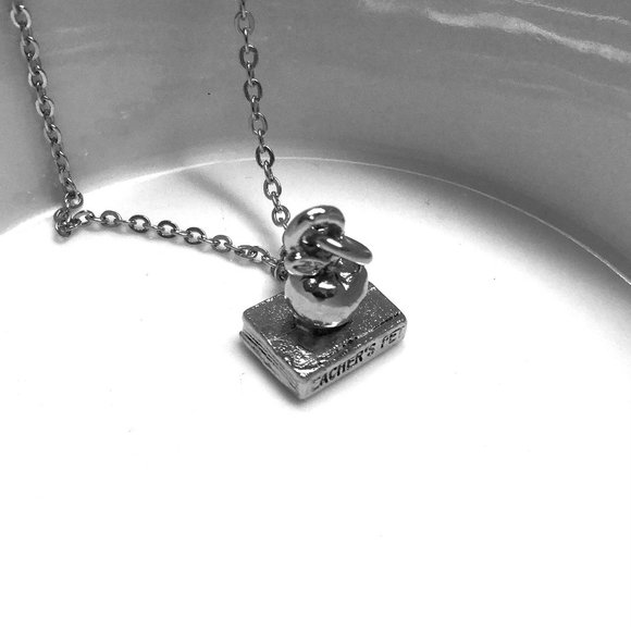 Miniature Teacher's Pet Apple Stamp Trophie Graduation Charm Gift Necklace - Picture 2 of 2